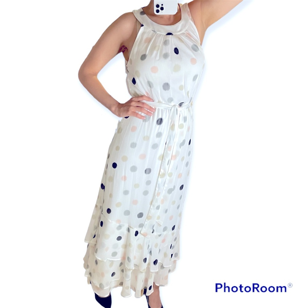 New w tags Calvin Klein chiffon maxi dress, polka dot, jewel neck Sz 2